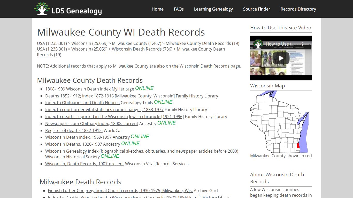 Milwaukee County WI Death Records - LDS Genealogy